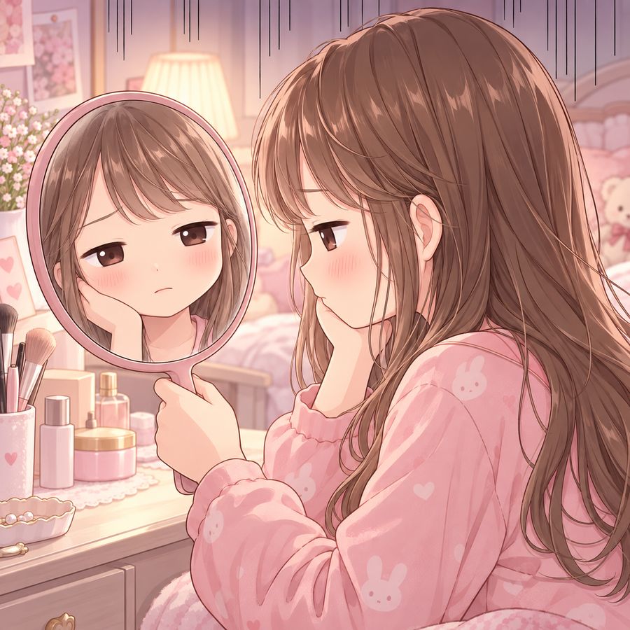 手鏡を見てため息をつく一重の女の子のコマ