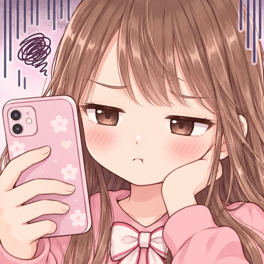 スマホで自撮りをして、がっかりする女の子のコマ