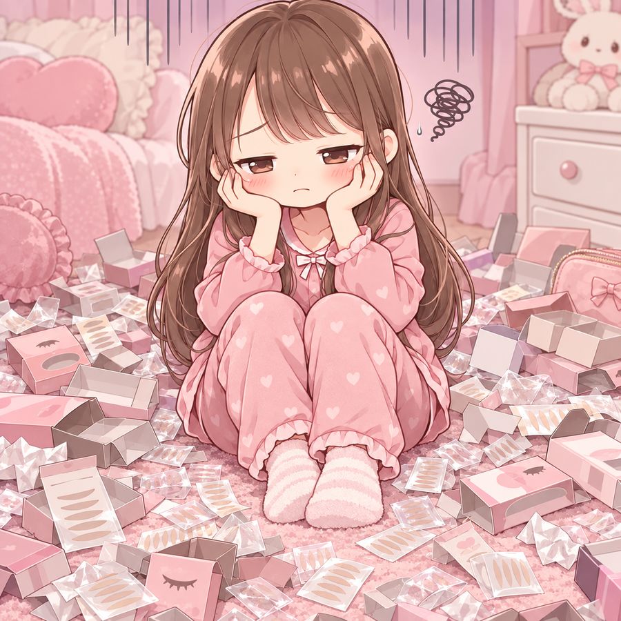 空き箱の山に囲まれて頭を抱える女の子のコマ